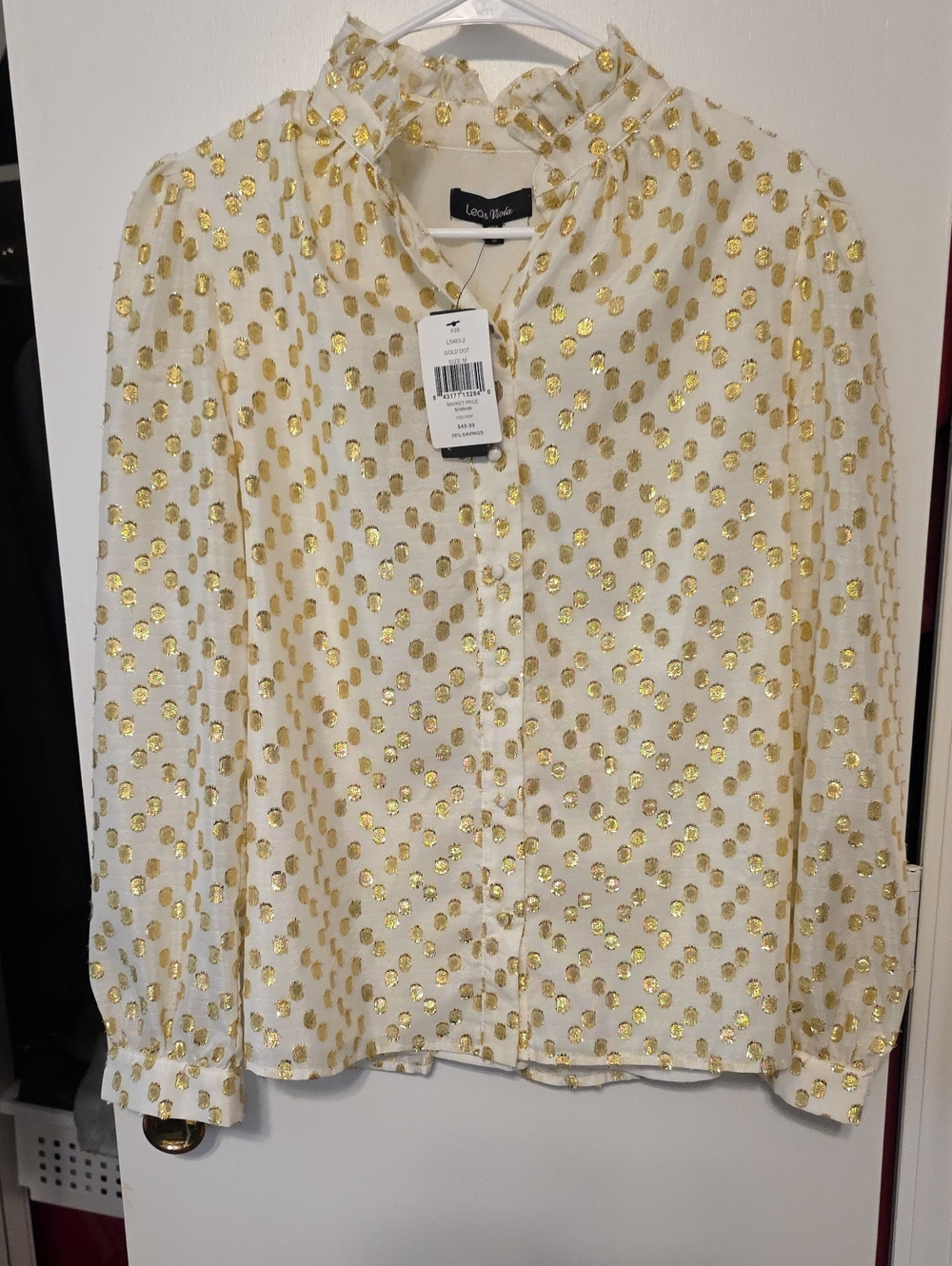Lea & Viola Cream Blouse with Gold Dot Accents